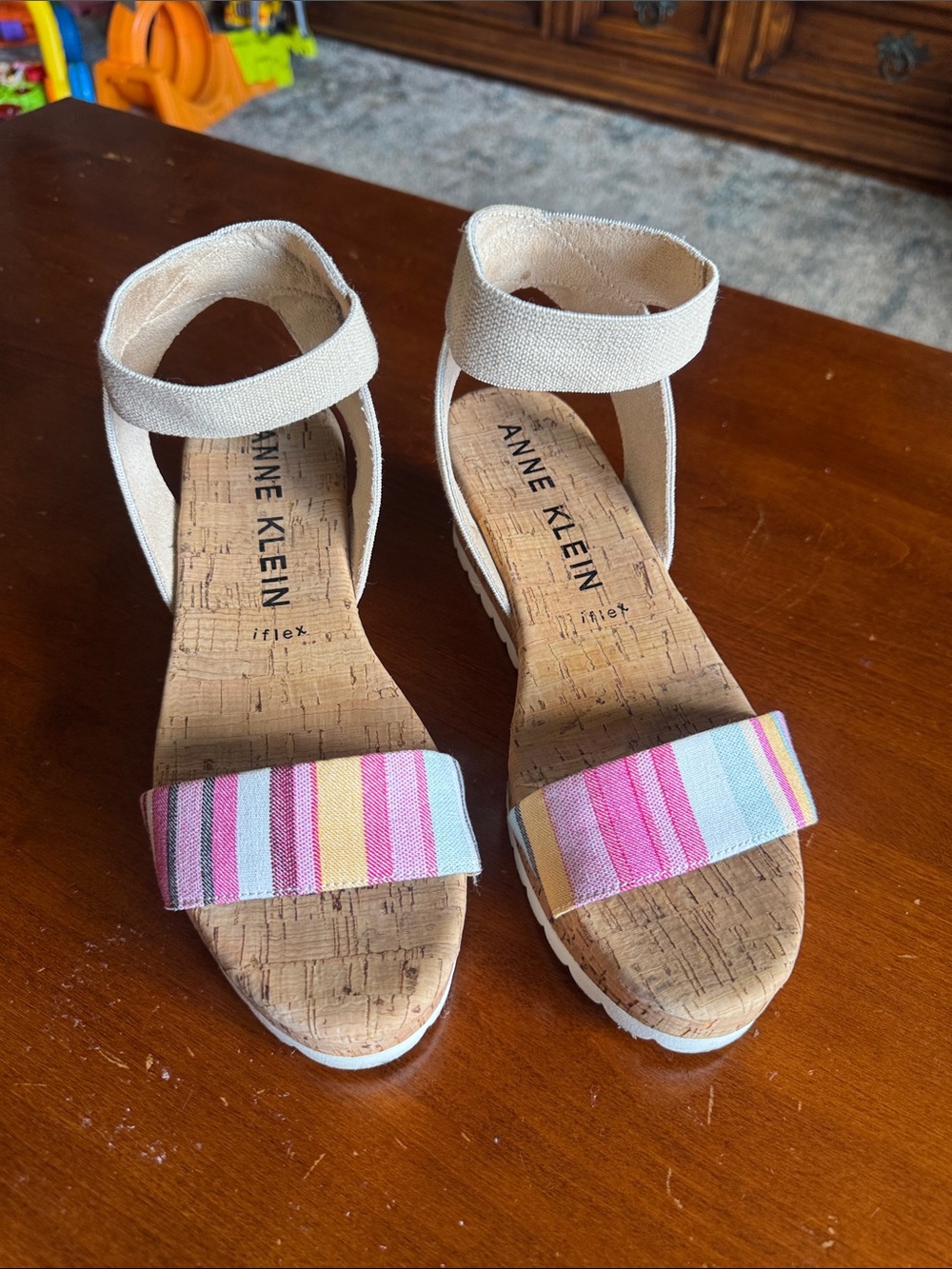 Anne Klein Cork Wedge Sandals with Pink Multi-Color Striped Toe Strap